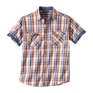 Atlas For Men Mens Checked Poplin Shirt / Ecru/Brick Red/Blue